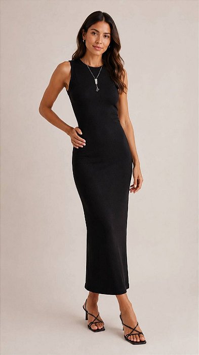 Vestido Midi Preto em Malha Canelada