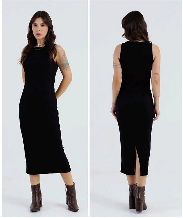Vestido Midi Preto em Malha Canelada