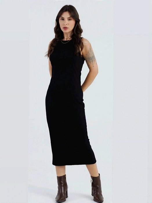 Vestido Midi Preto em Malha Canelada