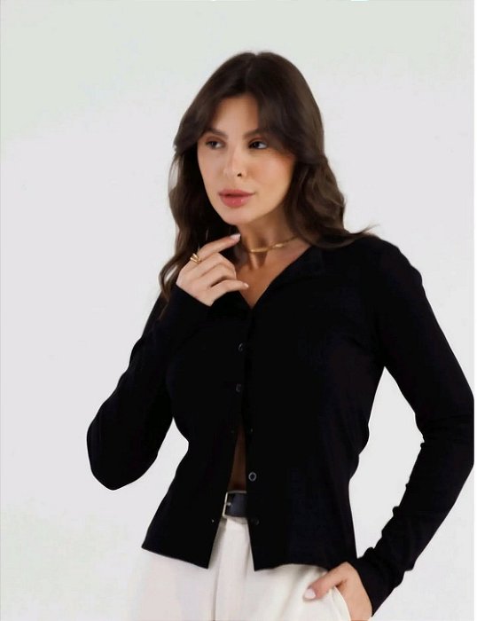Cardigan Preto Botões Malha Canelada Confortável