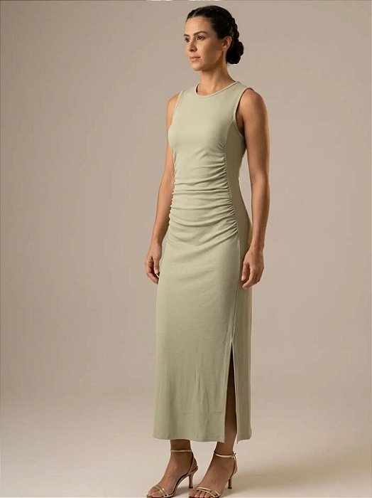 Vestido Midi com Recorte e Franzido