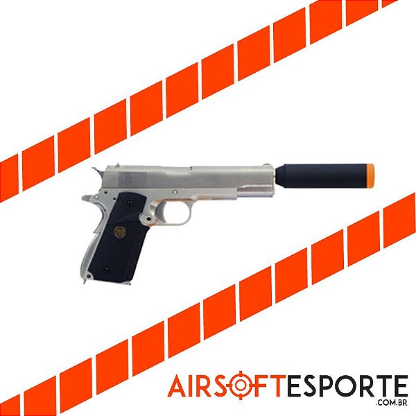 PISTOL WE 1911 Matte Chrome + Cano + Silenciador