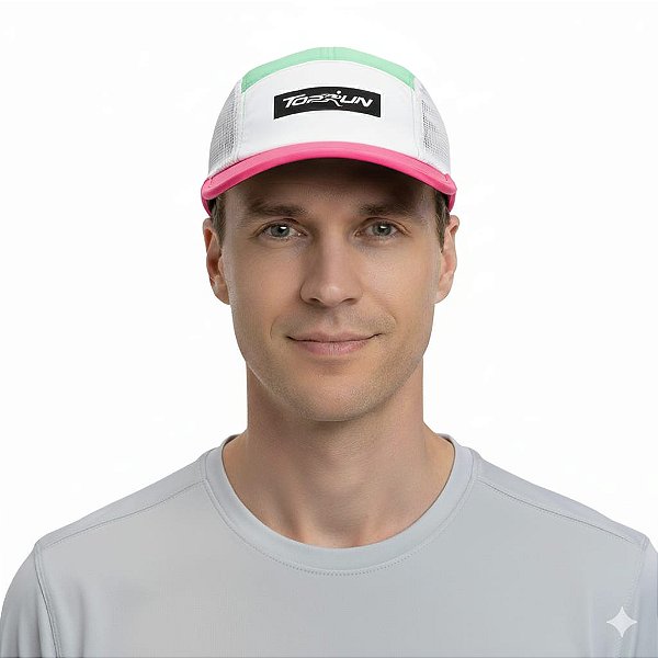 Boné Five Panel - Aba Reta Pink, Verde e Branco