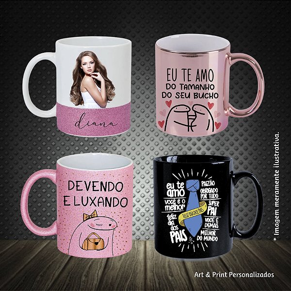 Canecas especiais, glitter, preta ou espelhada