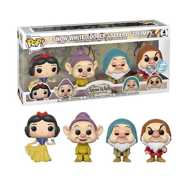 Funko Pop! Disney Branca De Neve Dopey Sleepy Grumpy Exclusivo Diamond 4 Pack