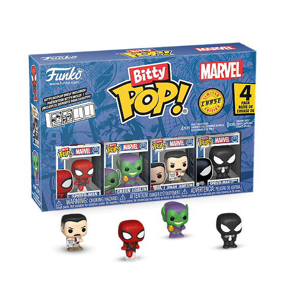 Funko Bitty Pop! Marvel Homem Aranha Spider Green Goblin J. Jonah Jameson Spider-Man Symbiote Suit 4 Pack