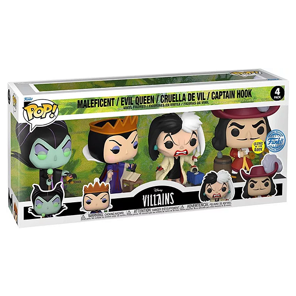 Funko Pop! Disney Villains Maleficent Evil Queen Cruella de Vil Captain Hook 4 Pack Exclusivo Glow