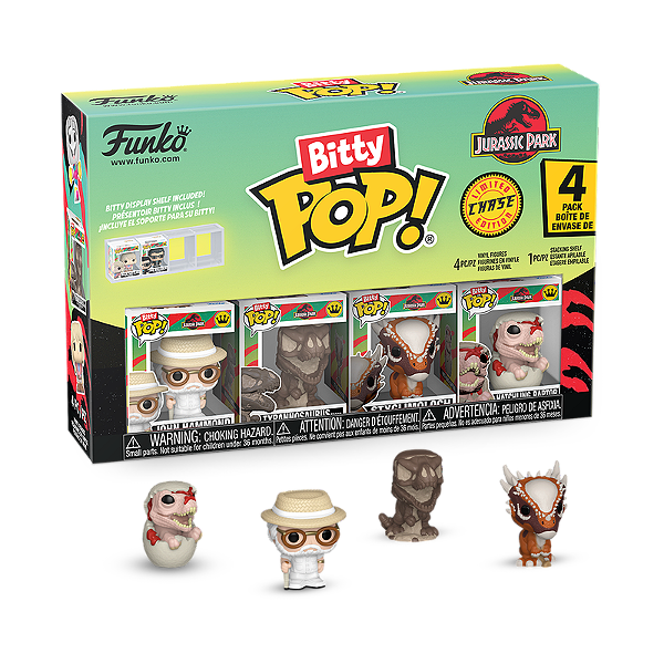 Funko Bitty Pop! Filme Jurassic Park John Hammond, Tyrannosaurus Fossil, Stygimoloch, Velociraptor 4 Pack Exclusivo Chase
