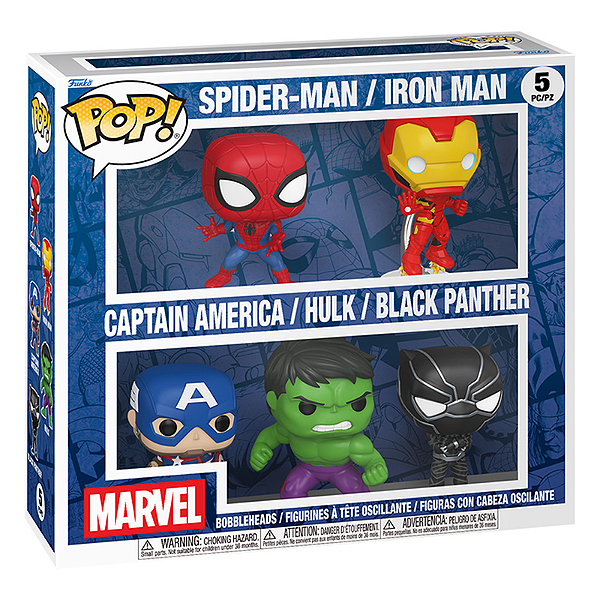 Funko Pop! Marvel Spider Man, Iron Man, Captain America, Hulk, Black Panther 5 Pack
