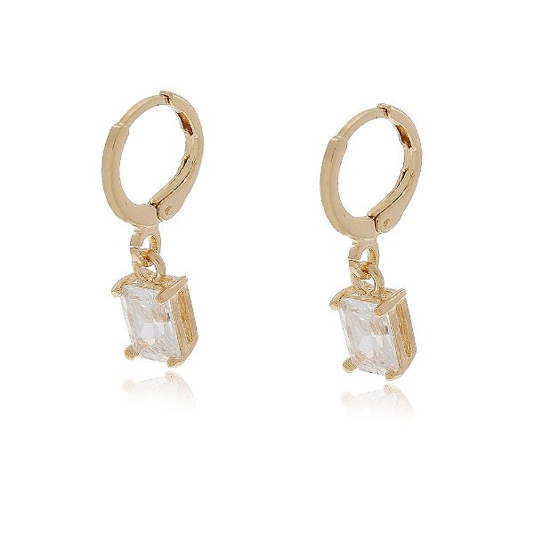 BRINCO DE ARGOLA COM PINGENTE ZIRCÔNIA CRISTAL RETANGULAR BANHADO A OURO 18K