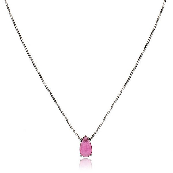 GARGANTILHA VENEZIANA 48 CM COM PINGENTE GOTA CRISTAL COR RUBI BANHADA EM RÓDIO NEGRO