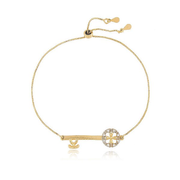 PULSEIRA FECHO GRAVATA COM DETALHE CHAVE FLOR E DETALHES EM MICROZIRCÔNIAS CRISTAIS BANHADA A OURO 18K