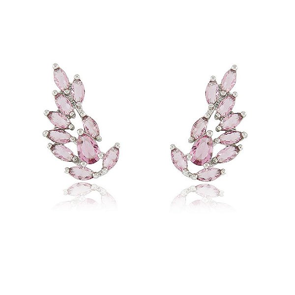 BRINCO EARCUFF CRISTAIS TRANSLÚCIDOS COR ROSA BANHADO EM RÓDIO BRANCO