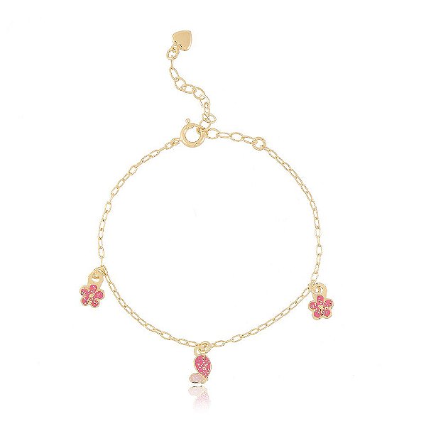 PULSEIRA INFANTIL BORBOLETA COM FLORZINHAS COLORIDOS EM RESINA