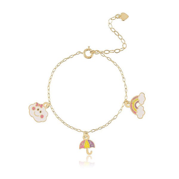 PULSEIRA INFANTIL NUVEM, ARCO ÍRIS E GUARDA CHUVA COLORIDOS EM RESINA