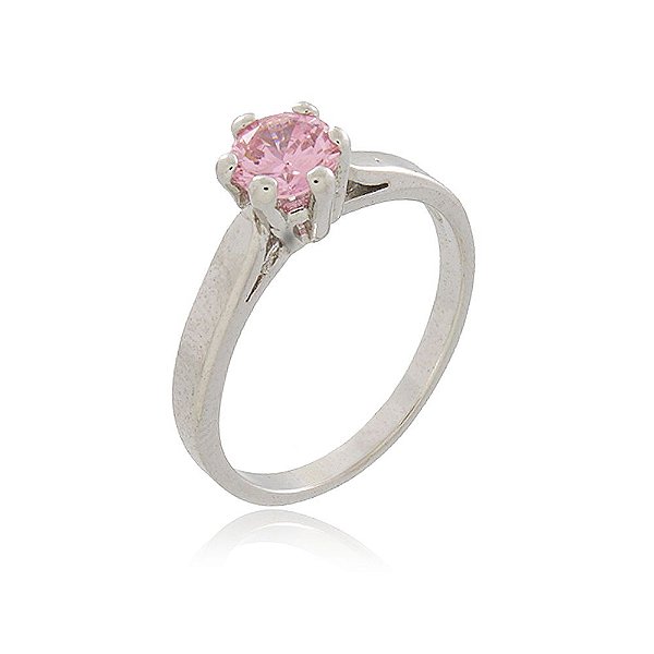 ANEL SOLITÁRIO ZIRCÔNIA ROSA 5MM BANHADO EM RÓDIO BRANCO