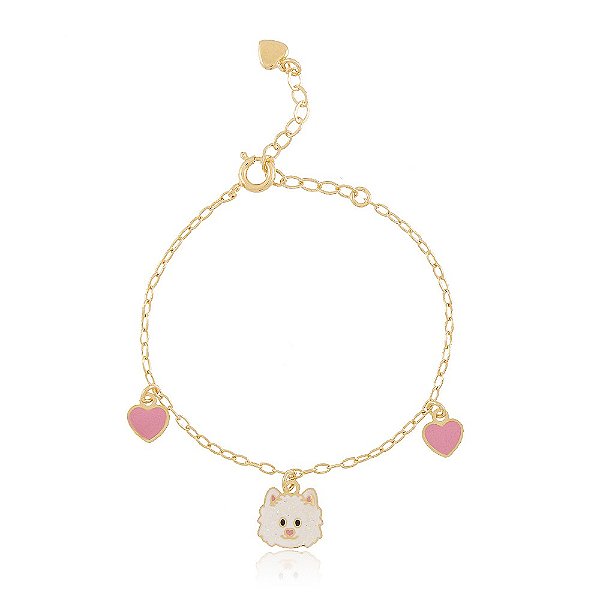 PULSEIRA INFANTIL CACHORRINHO PELUDO E CORAÇÕES COLORIDOS EM RESINA
