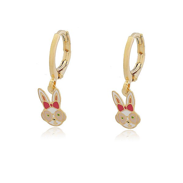 BRINCO INFANTIL ARGOLA COELHINHO BANHADO A OURO 18K COLORIDO EM RESINA