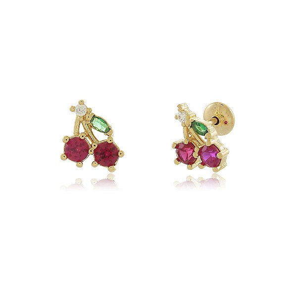 BRINCO CEREJAS ZIRCÔNIAS RUBI, ESMERALDA E CRISTAL COM TARRACHA BABY