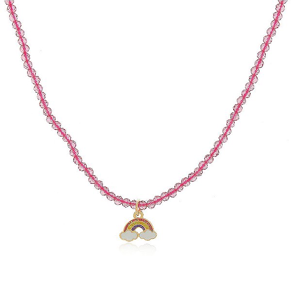 GARGANTILHA INFANTIL ZIRCÔNIAS ROSA NEON COM PINGENTE ARCO ÍRIS COLORIDO EM RESINA