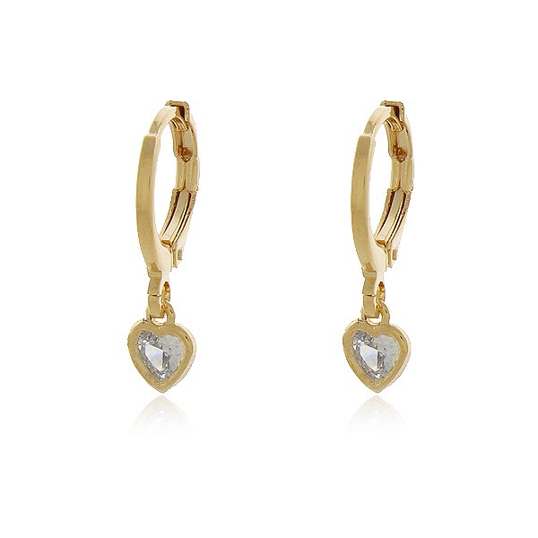 BRINCO DE ARGOLA COM PINGENTE CORAÇÃO ZIRCÔNIA CRISTAL COM MOLDURA