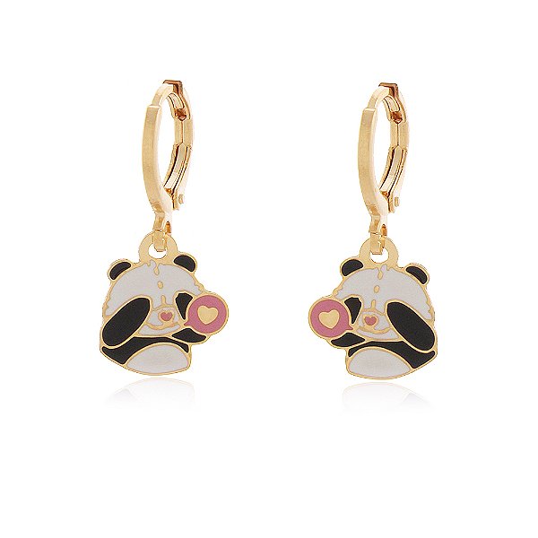 BRINCO ARGOLA PANDA CORAÇÃO COLORIDO EM RESINA