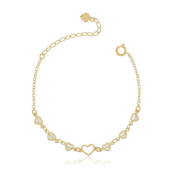 PULSEIRA INFANTIL CORAÇÕES ZIRCÔNIAS CRISTAIS BANHADA A OURO 18K