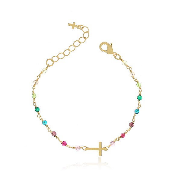 PULSEIRA RELIGIOSA COM CRUCIFIXO E ZIRCÔNIAS COLORIDAS BANHADA A OURO 18K