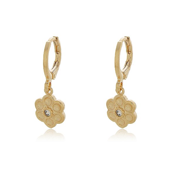 BRINCO DE ARGOLA COM PINGENTE FLOR TRABALHADA EM ZIRCÔNIA CRISTAL