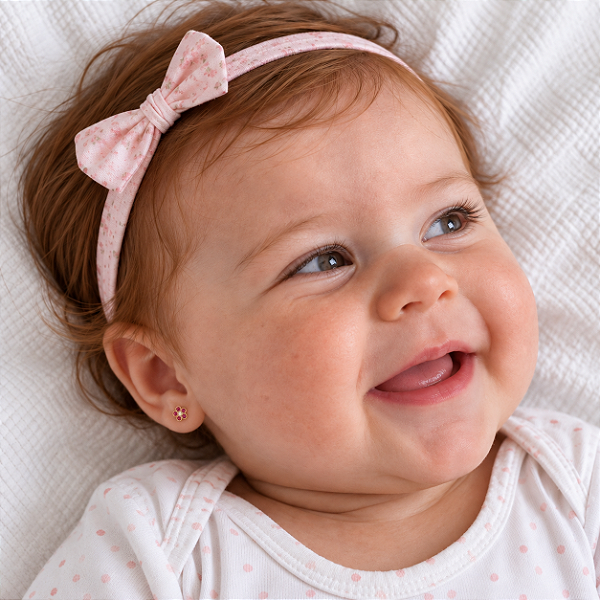 BRINCO FLORZINHA TRABALHADA EM ZIRCÔNIAS PINK E CRISTAL COM TARRACHA BABY