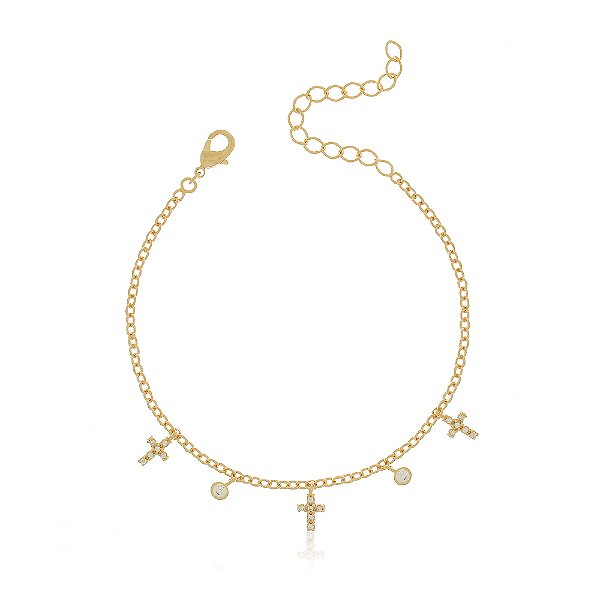 PULSEIRA RELIGIOSA CRUCIFIXO E ZIRCÔNIAS BANHADA A OURO 18K