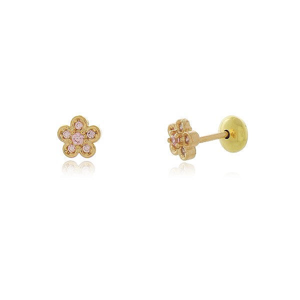 BRINCO FLORZINHA TRABALHADA EM ZIRCÔNIAS COR ROSA COM TARRACHA BABY