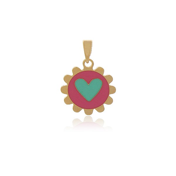PINGENTE MEDALHA REDONDA CORAÇÃO ROSA E TURQUESA COLORIDO EM RESINA