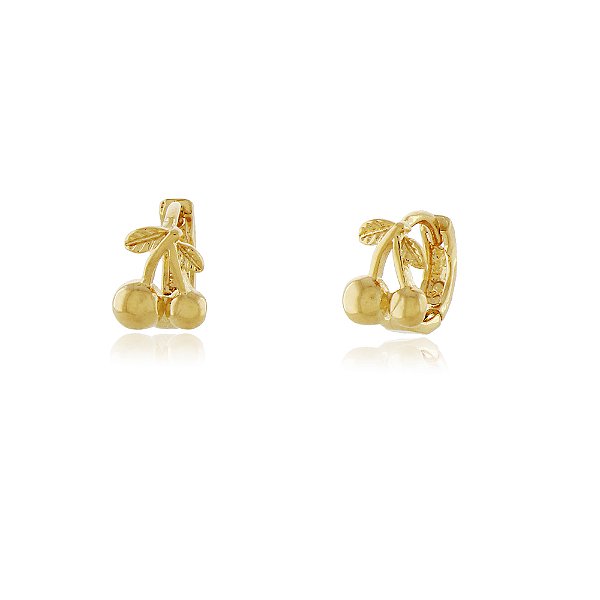 BRINCO ARGOLA PEQUENA COM DETALHE CEREJA  BANHADO A OURO 18K