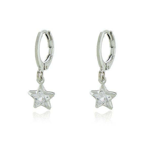BRINCO DE ARGOLA COM PINGENTE ESTRELA ZIRCÔNIA CRISTAL BANHADO EM RÓDIO BRANCO