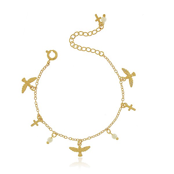 PULSEIRA INFANTIL COM PINGENTES ESPÍRITO SANTO, CRUCIFIXO E PÉROLAS
