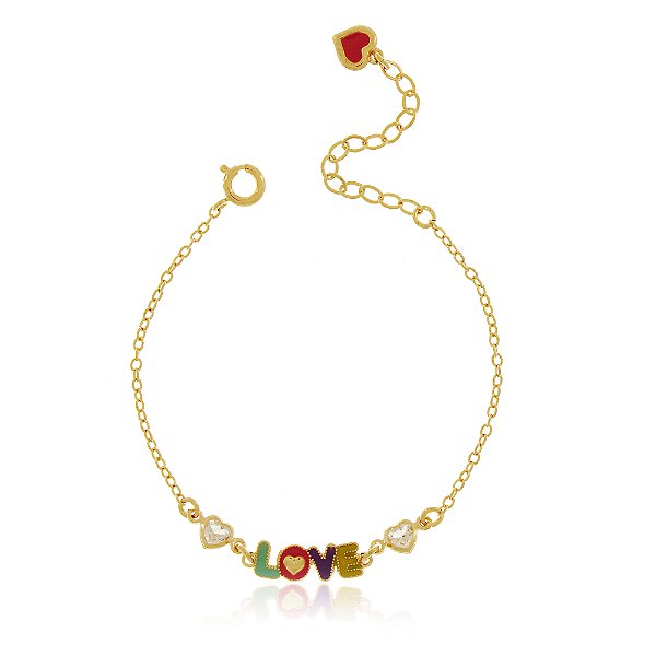 PULSEIRA INFANTIL TRABALHADA EM ZIRCÔNIAS CORAÇÃO CRISTAL COM LOVE COLORIDO EM RESINA