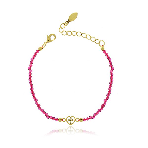 PULSEIRA INFANTIL ZIRCÔNIAS COR RUBI  SAGRADO CORAÇÃO COM ACABAMENTOS BANHADOS A OURO 18K