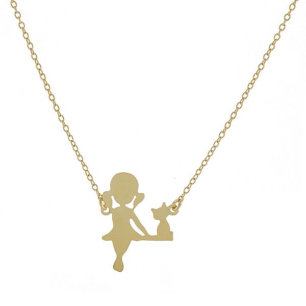 GARGANTILHA 46 CM COM PINGENTE MENINA NO BALANÇO COM GATINHO