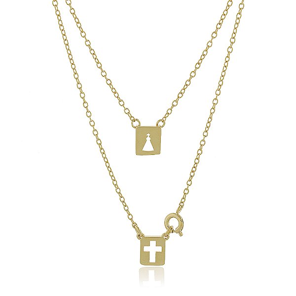 SCAPULÁRIO INFANTIL NOSSA SENHORA APARECIDA E CRUCIFIXO BANHADO A OURO 18K