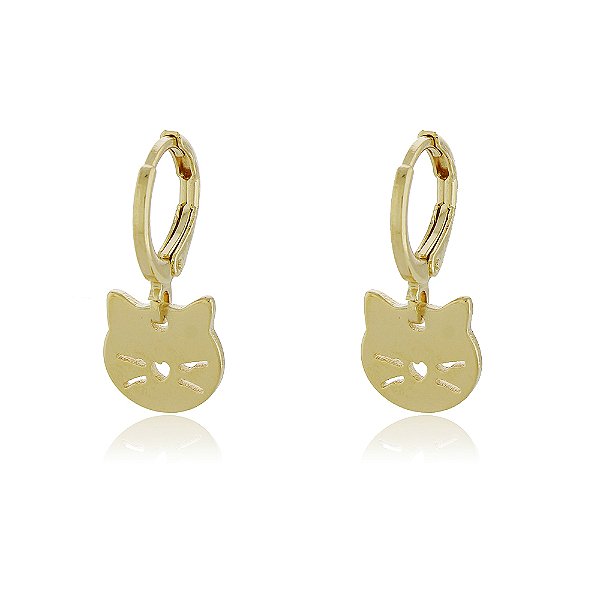 BRINCO DE ARGOLA COM PINGENTE GATINHO BANHADO A OURO 18K