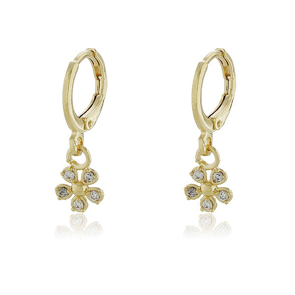 BRINCO ARGOLA FLORZINHA 0,6 CM TRABALHADA EM MICROZIRCÔNIAS CRISTAIS