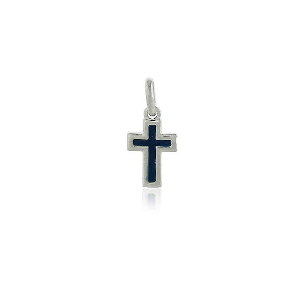 PINGENTE CRUCIFIXO PEQUENO COLORIDO EM RESINA MARINHO BANHADO EM RÓDIO BRANCO