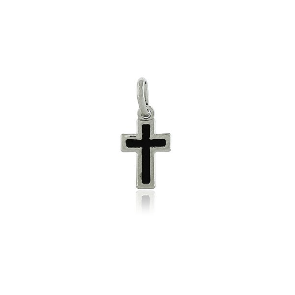 PINGENTE CRUCIFIXO PEQUENO COLORIDO EM RESINA PRETA BANHADO EM RÓDIO BRANCO