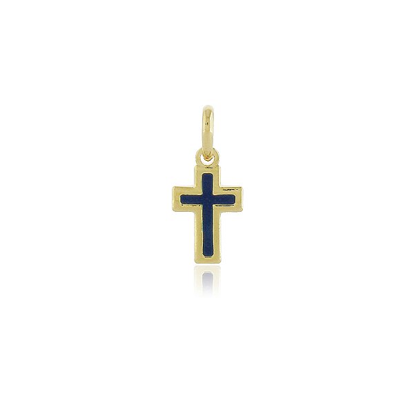 PINGENTE CRUCIFIXO PEQUENO COLORIDO EM RESINA MARINHO BANHADO A OURO 18K