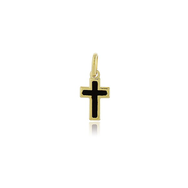 PINGENTE CRUCIFIXO PEQUENO COLORIDO EM RESINA PRETA BANHADO A OURO 18K