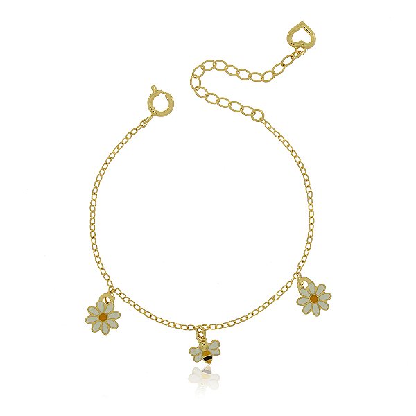 PULSEIRA INFANTIL ABELHINHA E MARGARIDAS COLORIDAS EM RESINA
