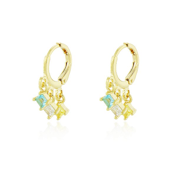 BRINCODE ARGOLA COM 3 PINGENTES ZIRCÔNIAS CARRÊS COLORIDAS