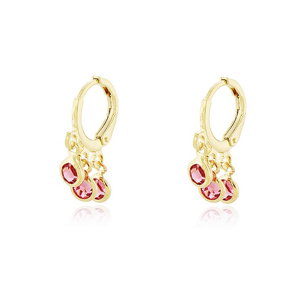 BRINCODE ARGOLA COM 3 PINGENTES CRISTAIS COR ROSA BANHADO A OURO 18K