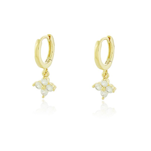 BRINCO DE ARGOLA COM PINGENTE FLORZINHA ZIRCÔNIA CRISTAL BANHADO A OURO 18K